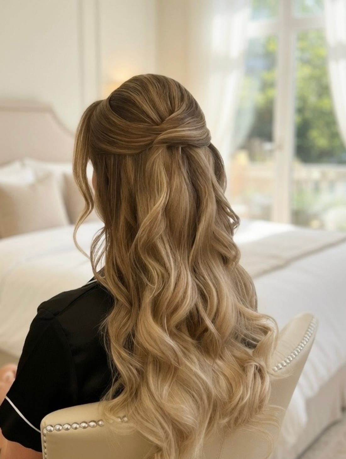 Coiffure demi-attachée, boucles longues, Studio Ayra